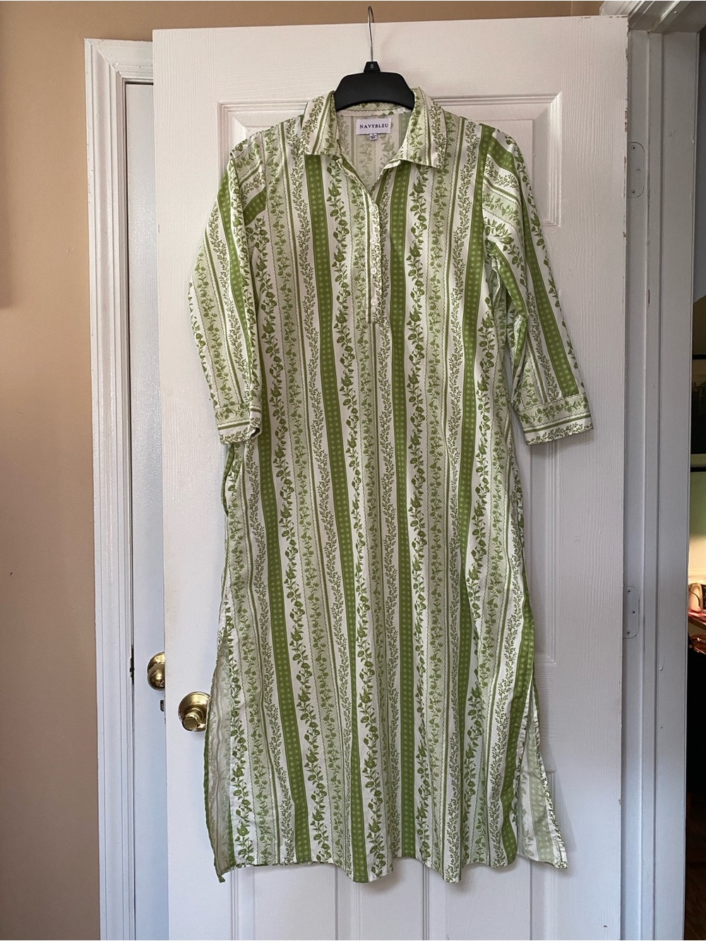 Navybleu Olive Avocado Green Cotton Poplin Floral Print India Kaftan Long Tunic